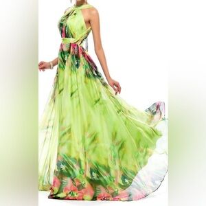 Green Watercolor Floral Backless Formal Elegant Maxi Dress
